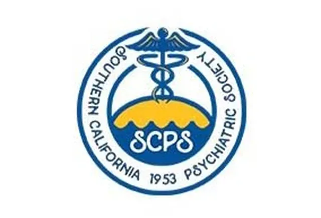 Logo of the Southern California Psychiatric Society, featuring a blue caduceus symbol over a yellow semi-circle. Text around the circle reads Southern California 1953 Psychiatric Society with the acronym SCPS in the center.