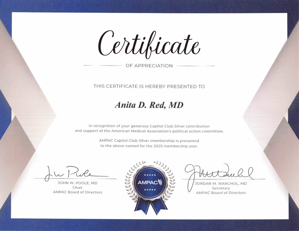 Certificate of Appreciation awarded to Anita D. Red, MD, for her generous AMPAC Capitol Club Silver contribution and support of the American Medical Association, signed by board members, with a blue ribbon seal at the bottom.